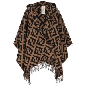 FENDI FF logo fringe hooded poncho cape